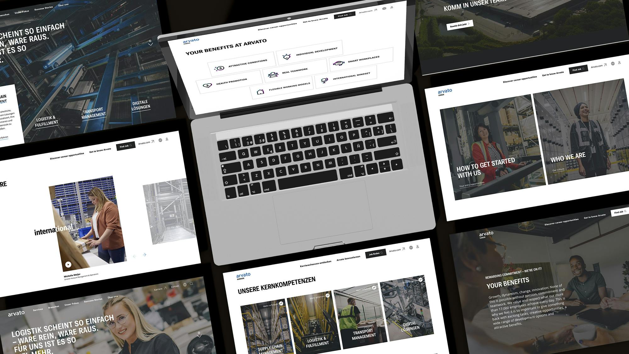 Diverse Ausschnitte aus der neuen Arvato Website und Karriereseite sind als Screenshots zu sehen.