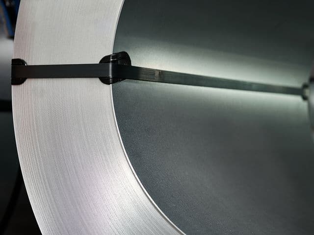 Close-up of a large metal coil, secured with a black strap, showcasing its smooth, shiny, and textured surface.