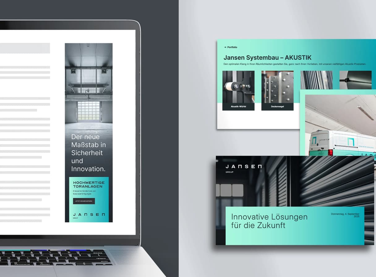 A laptop displaying a webpage with industrial-themed brochures beside it, showcasing Jansen's innovative building solutions and acoustics.