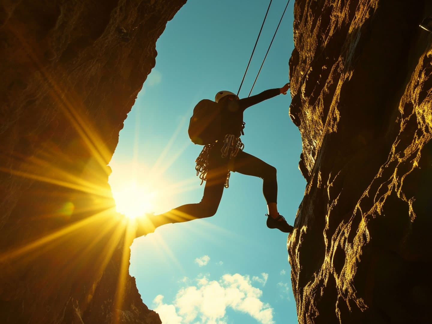 Person in Kletterausrüstung springt von einer Felswand zur Nächsten