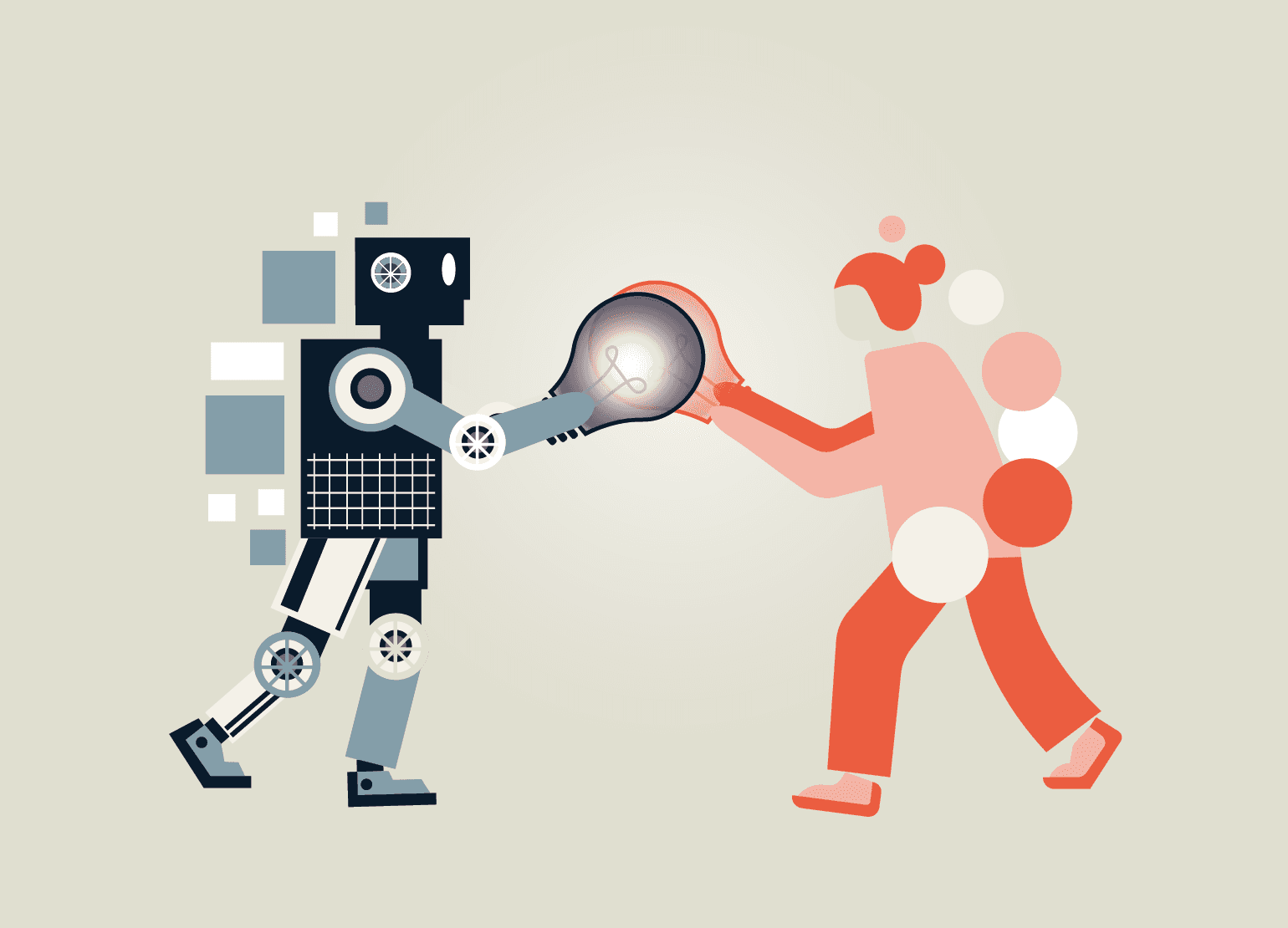 Eine abstrakte Illustration eines humanoiden Roboters und einer Person, die eine Glühbirne austauschen, symbolisiert den Austausch von Ideen oder die Zusammenarbeit.