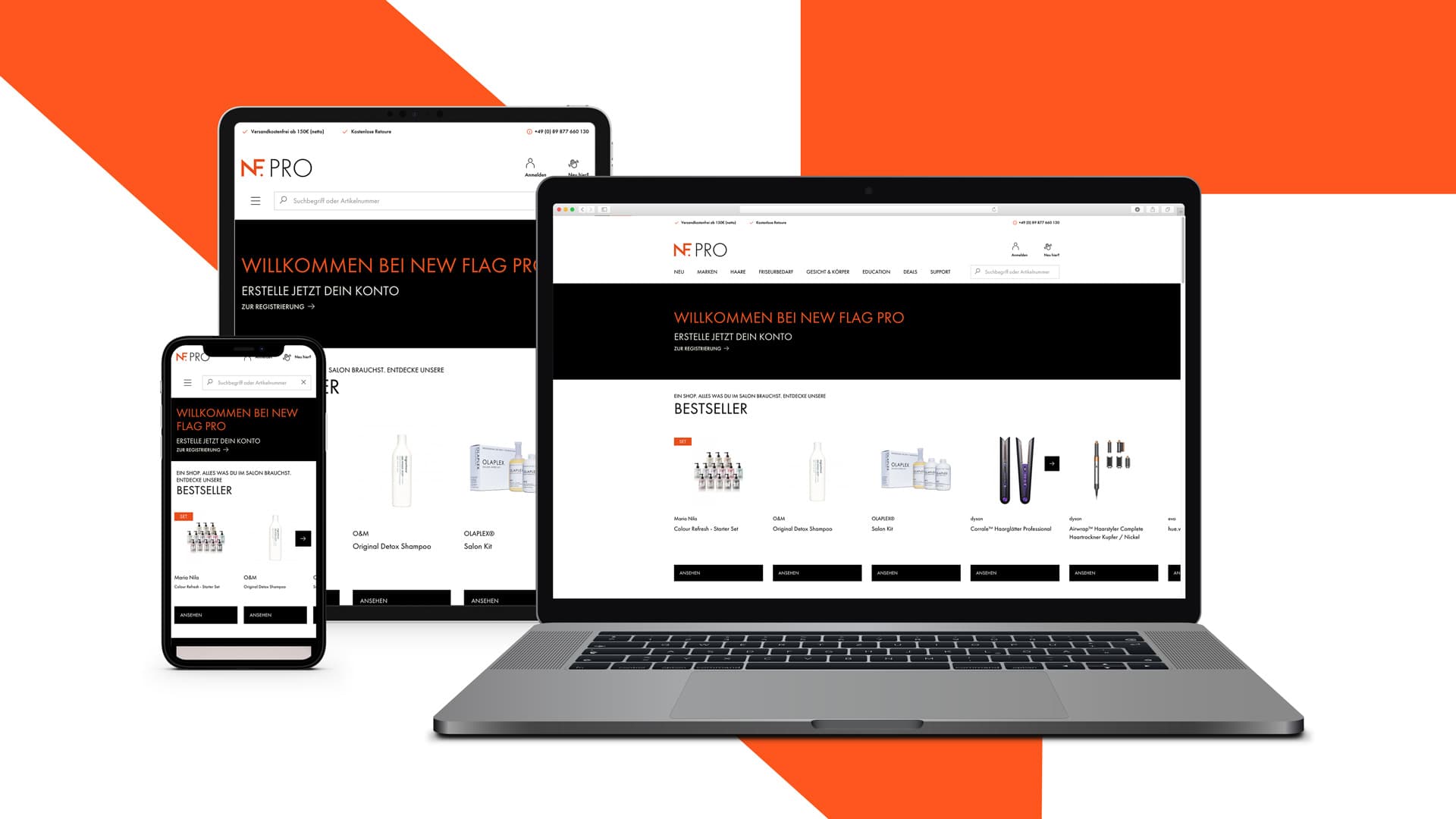 Mockups der New-Flag-Plattform auf drei unterschiedlichen Endgeräten: Handy, Tablet und Laptop. u+i interact