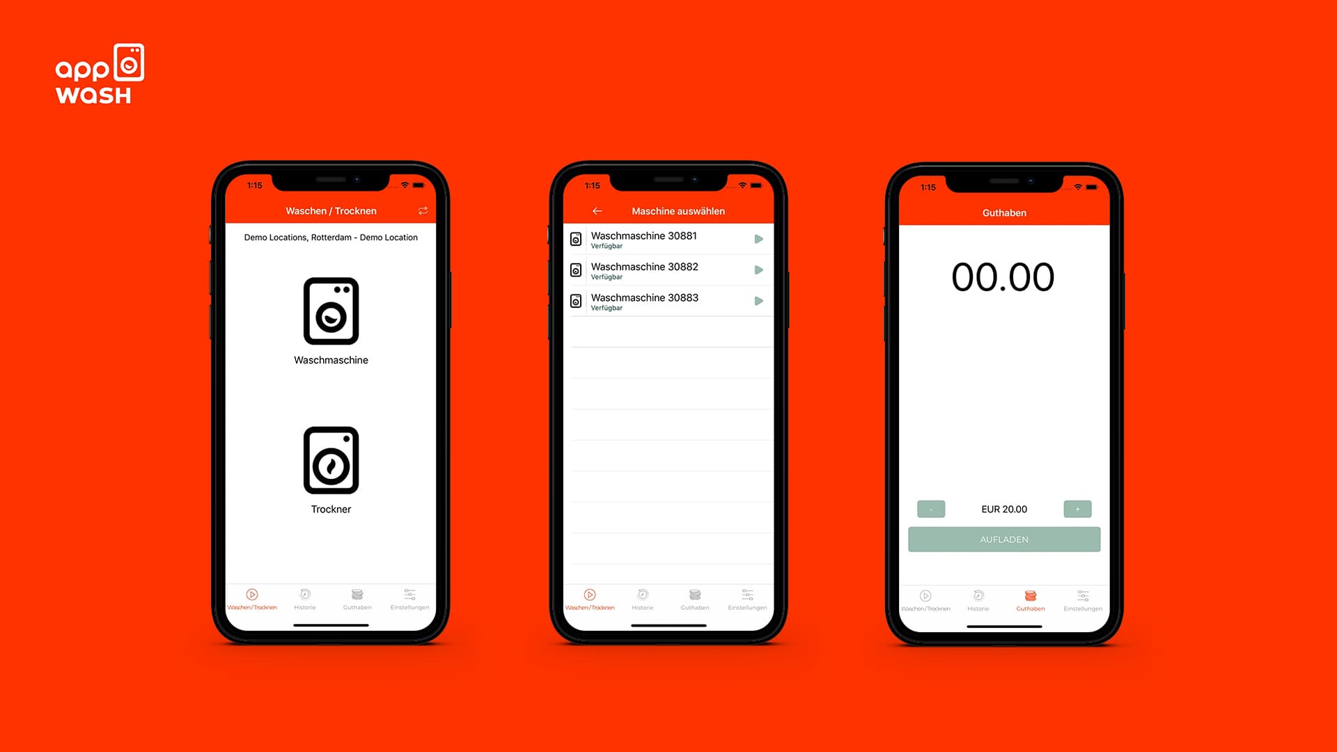 Mockups der Miele-wash-App auf drei Handy Screens. u+i interact