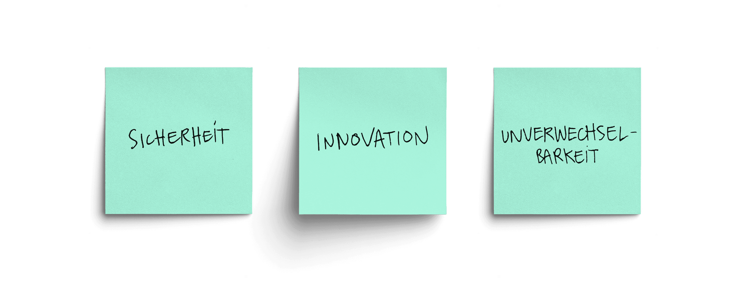 Three teal sticky notes with handwritten German words: "Sicherheit," "Innovation," and "Unverwechselbarkeit," placed side by side.