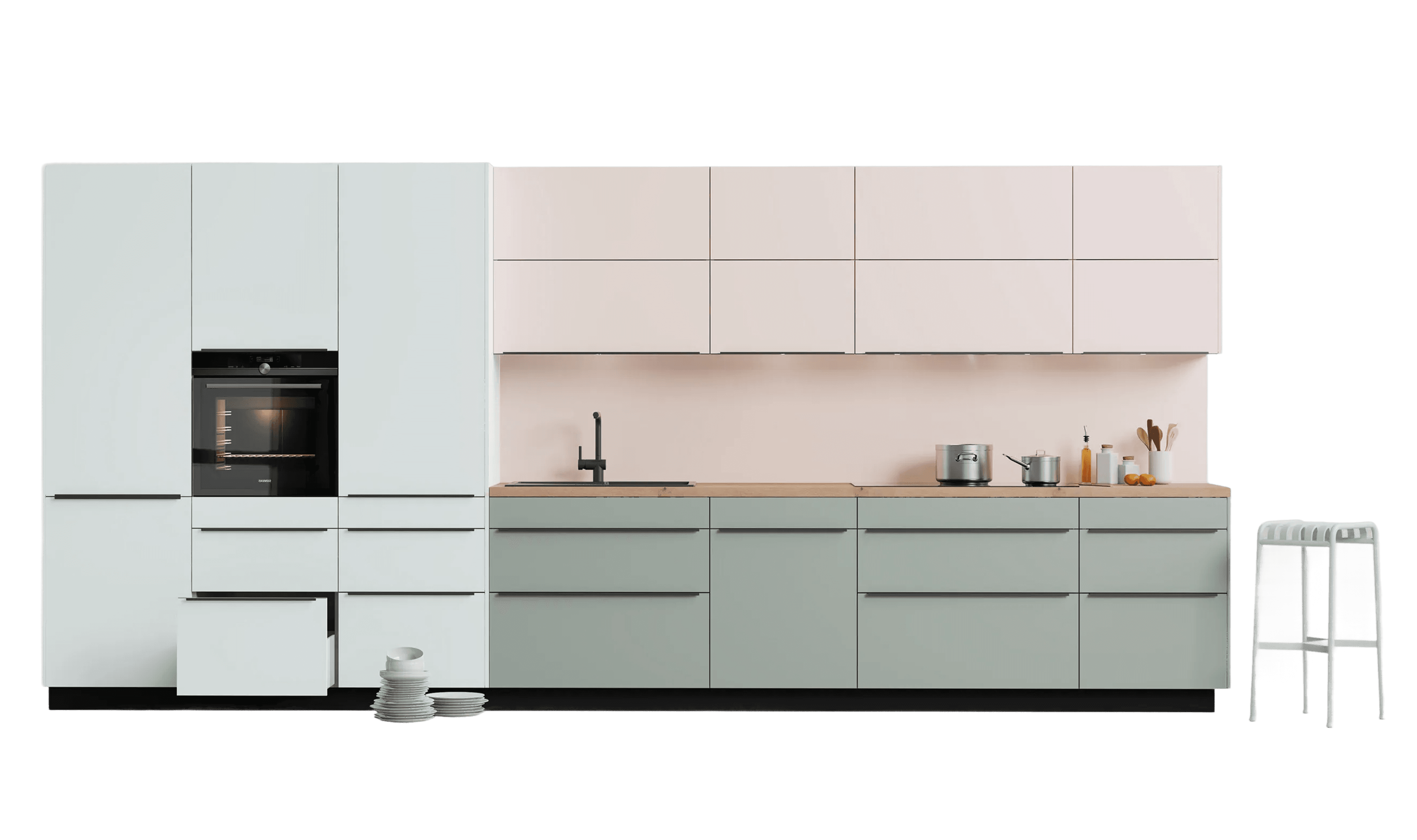 Moderne Küche mit hellen Schränken, Einbauofen und Arbeitsplattenartikeln. Auf einem Stuhl gestapelte Teller und ein Handtuch runden das Bild ab.