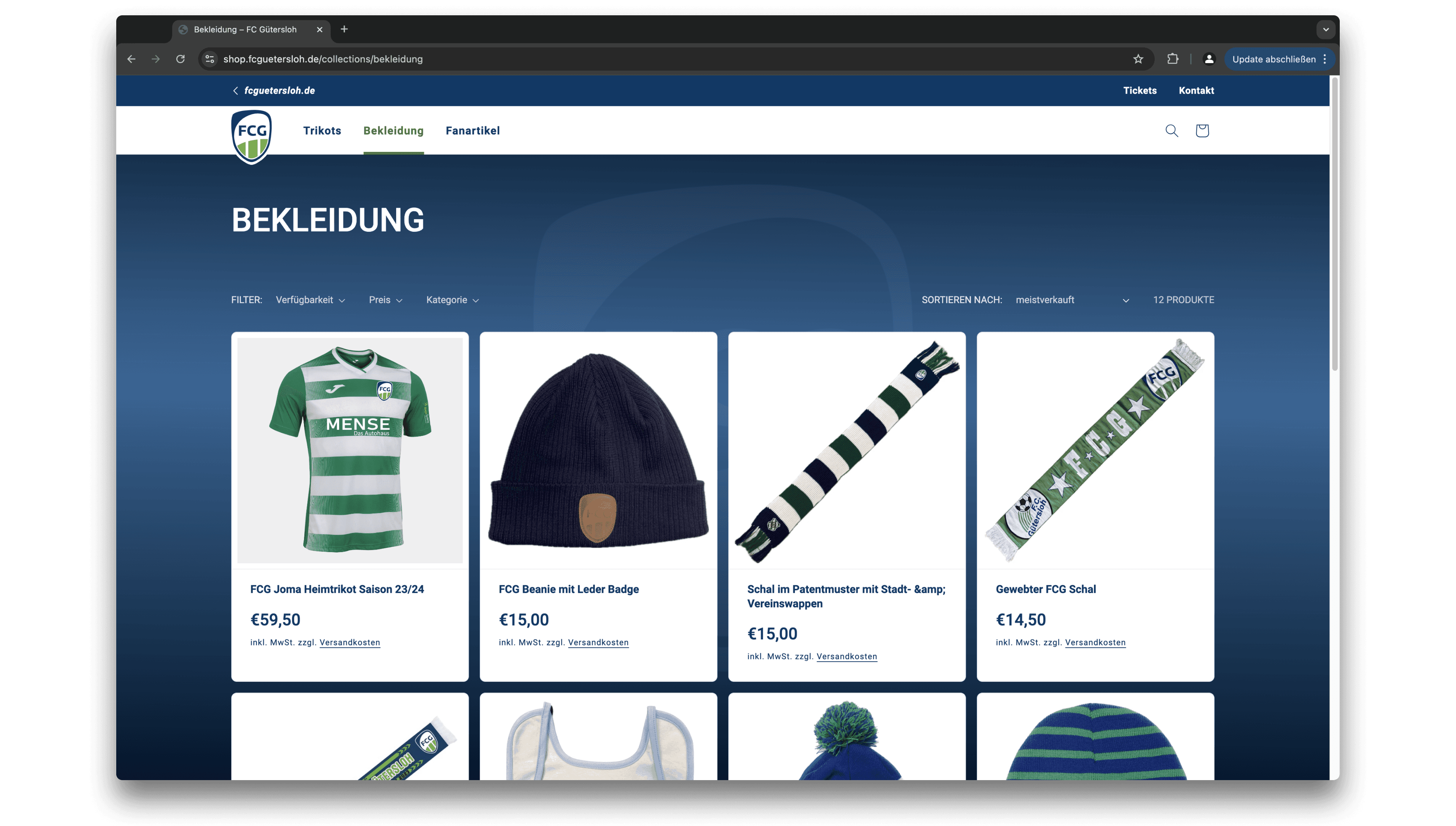 Übersichtsseite des Online-Fanshops des FC Gütersloh in der Kategorie 'Bekleidung'. Zu sehen sind mehrere Produkte in einer Rasteransicht.