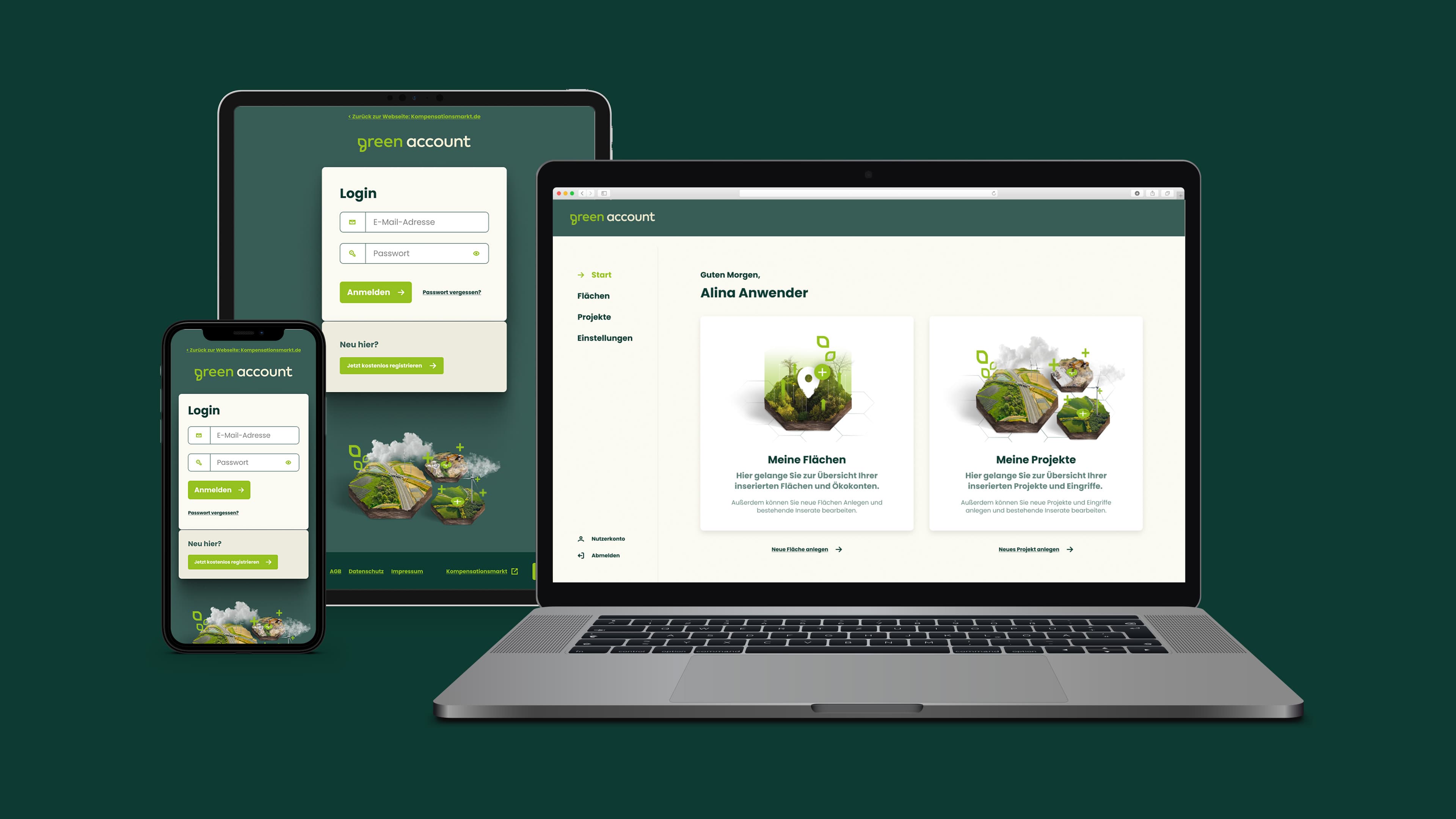Benutzeroberfläche der Plattform 'green account' auf drei verschiedenen Geräten: Smartphone, Tablet und Laptop. Die Login-Seite ist auf Smartphone und Tablet sichtbar, während der Laptop die Startseite nach dem Login zeigt, mit Optionen wie 'Meine Flächen' und 'Meine Projekte'. Das Design ist in Grüntönen gehalten und die Seite richtet sich an Nutzer, die Flächen und Projekte verwalten.