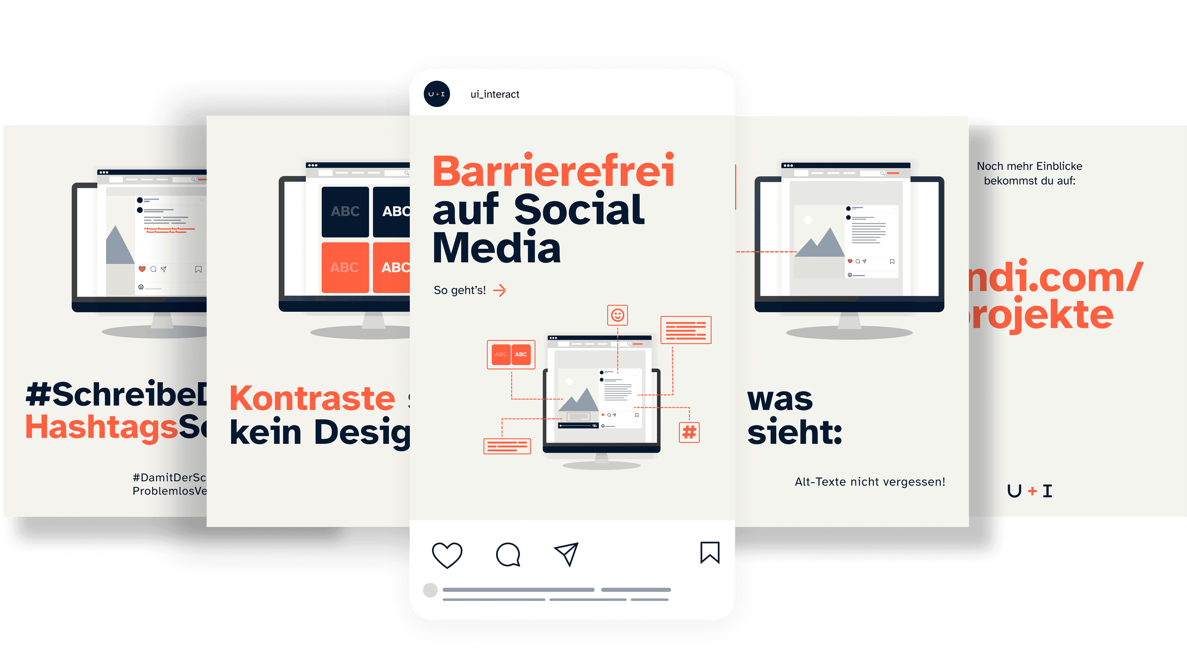 Drei sich überschneidende digitale Folien zum Thema barrierefreies Social-Media-Design mit Text, Symbolen und Website-Links.