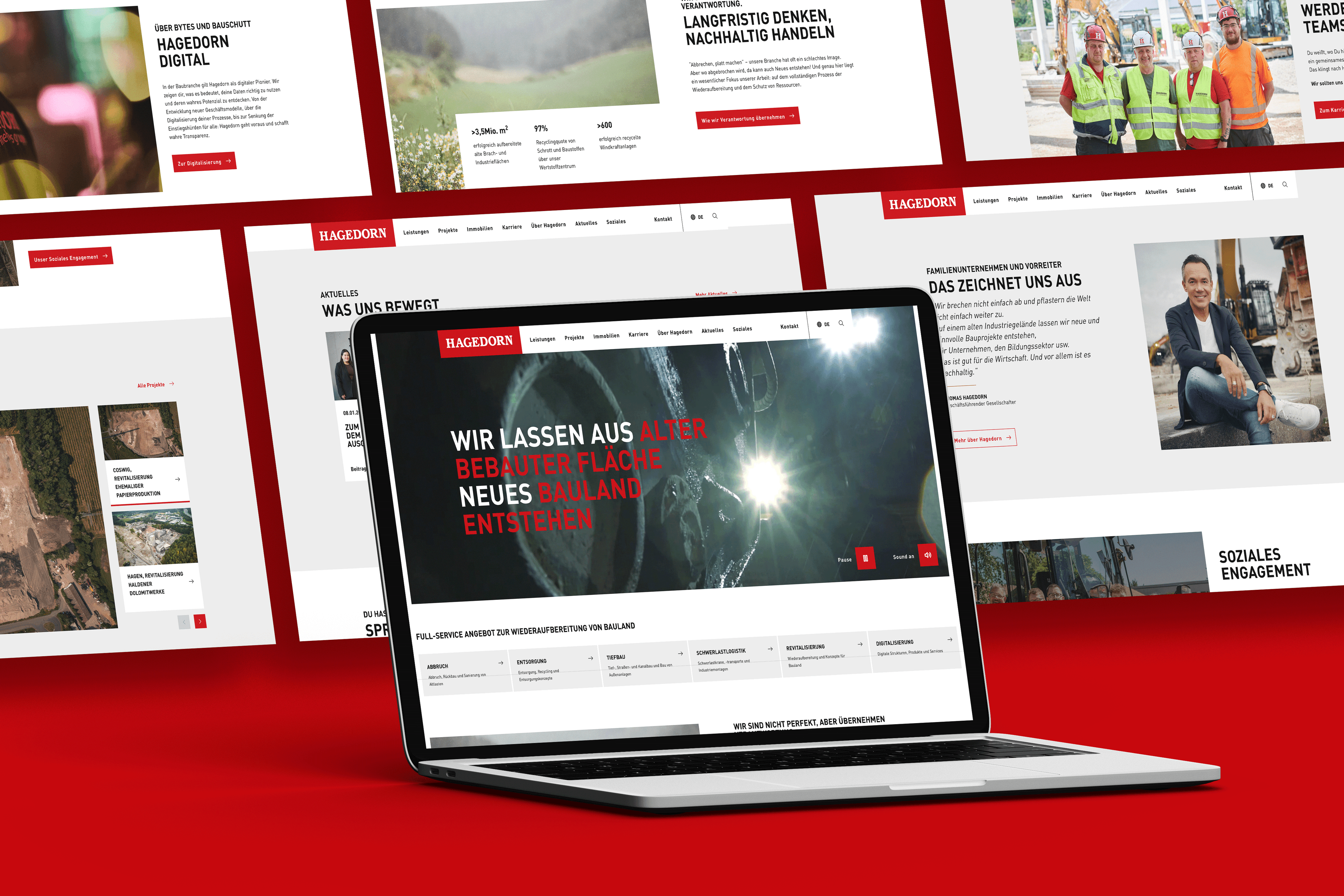 Laptop, auf dem eine Website mit mehreren roten und weißen Seiten vor einem roten Hintergrund angezeigt wird.