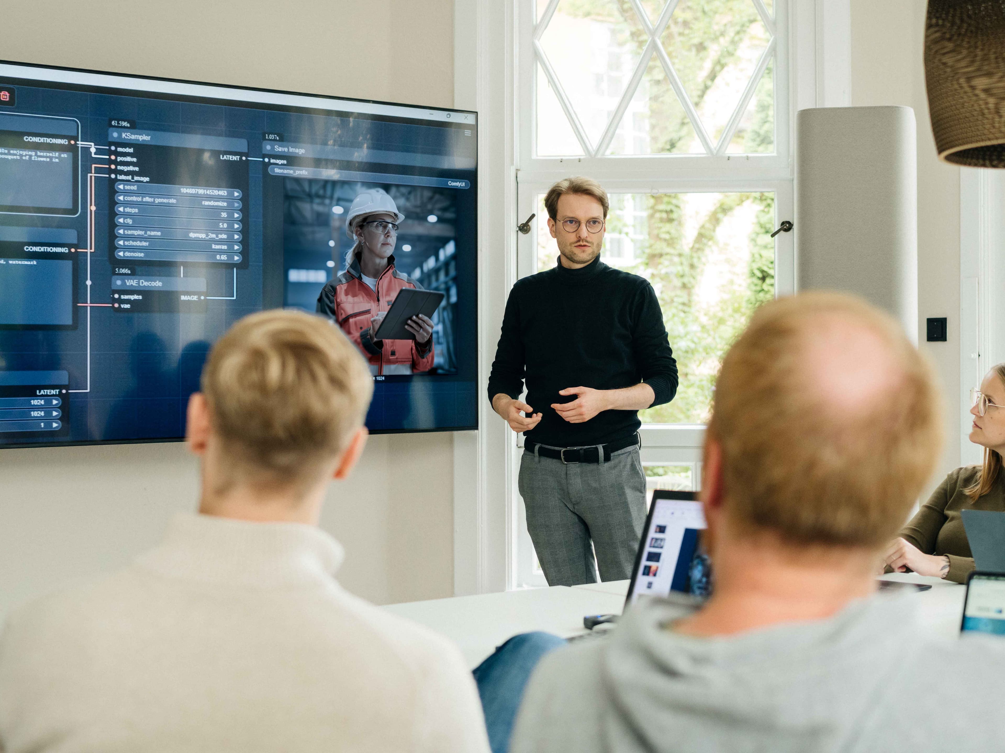 Mann präsentiert Daten auf einem großen Bildschirm vor drei Personen in einem hellen Konferenzraum. Auf dem Bildschirm ist ein Industriebild mit einem Arbeiter zu sehen.