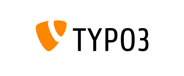 Logo von TYPO3, einem Content-Management-System. Das Logo besteht aus einem orangefarbenen Schildsymbol auf der linken Seite und dem Schriftzug 'TYPO3' in schwarzer Schrift auf weißem Hintergrund.