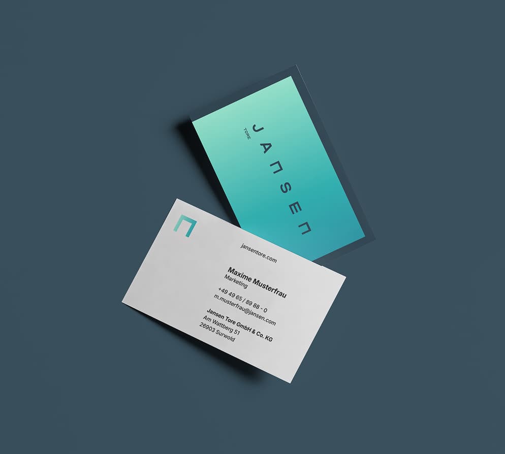 Two business cards on a dark surface. One shows "JANSEN" on a blue gradient. The other displays contact details for Maxine Mustermann.