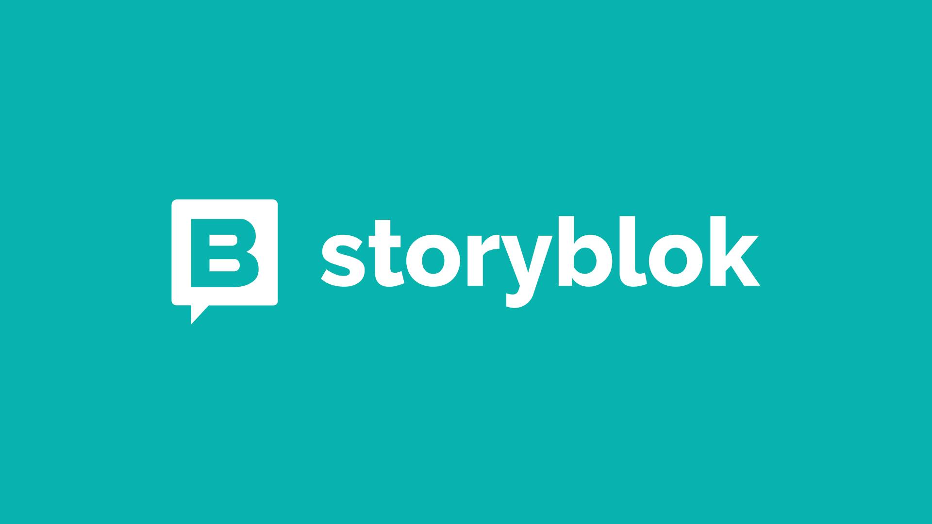 Storyblok-Logo in Weiß auf türkisfarbenem Hintergrund. u+i interact