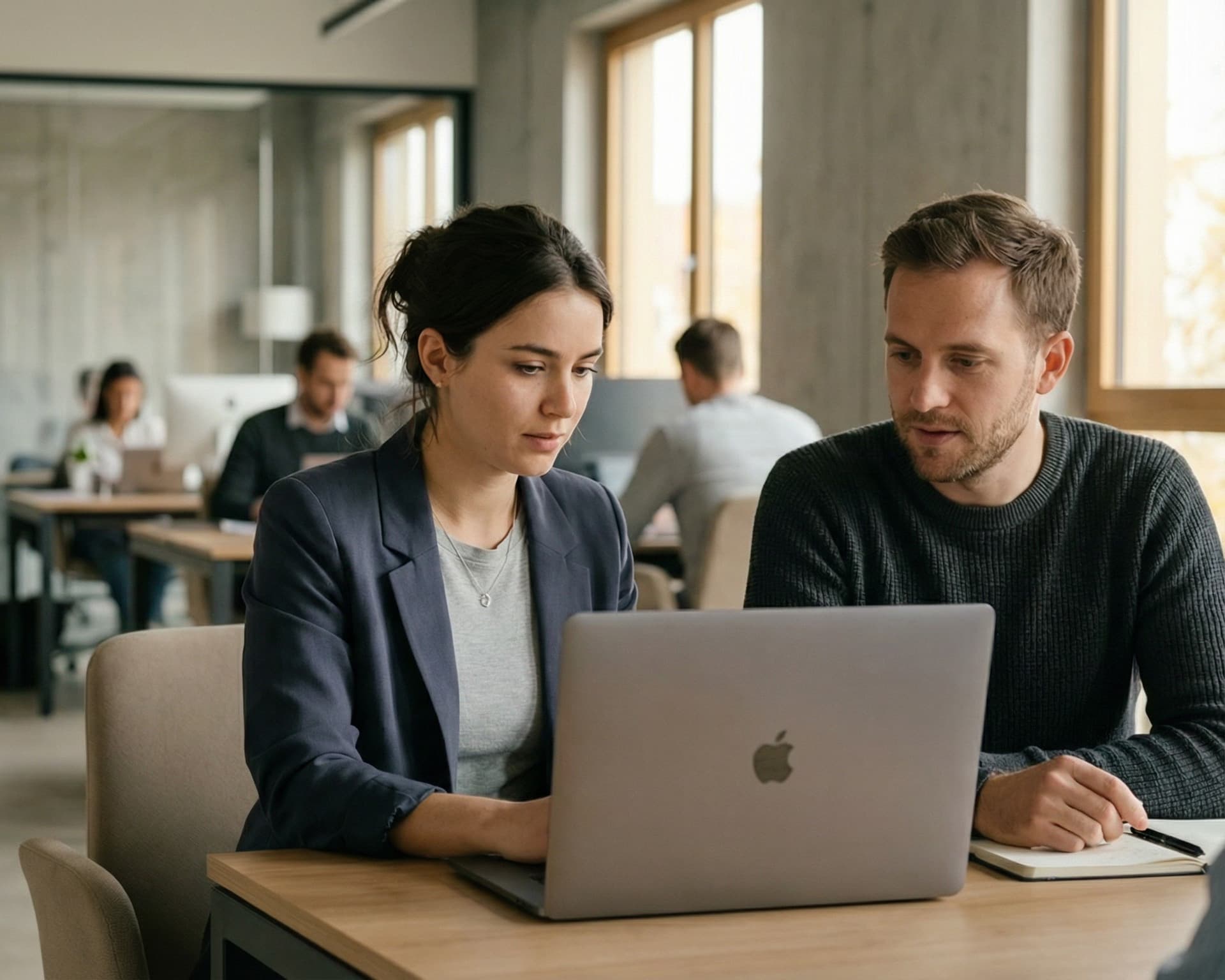 Zwei Personen sitzen gemeinsam an einem Schreibtisch in einem modernen Büro und schauen konzentriert auf einen aufgeklappten MacBook-Laptop. Im Hintergrund arbeiten weitere Kolleg+innen an ihren Plätzen.