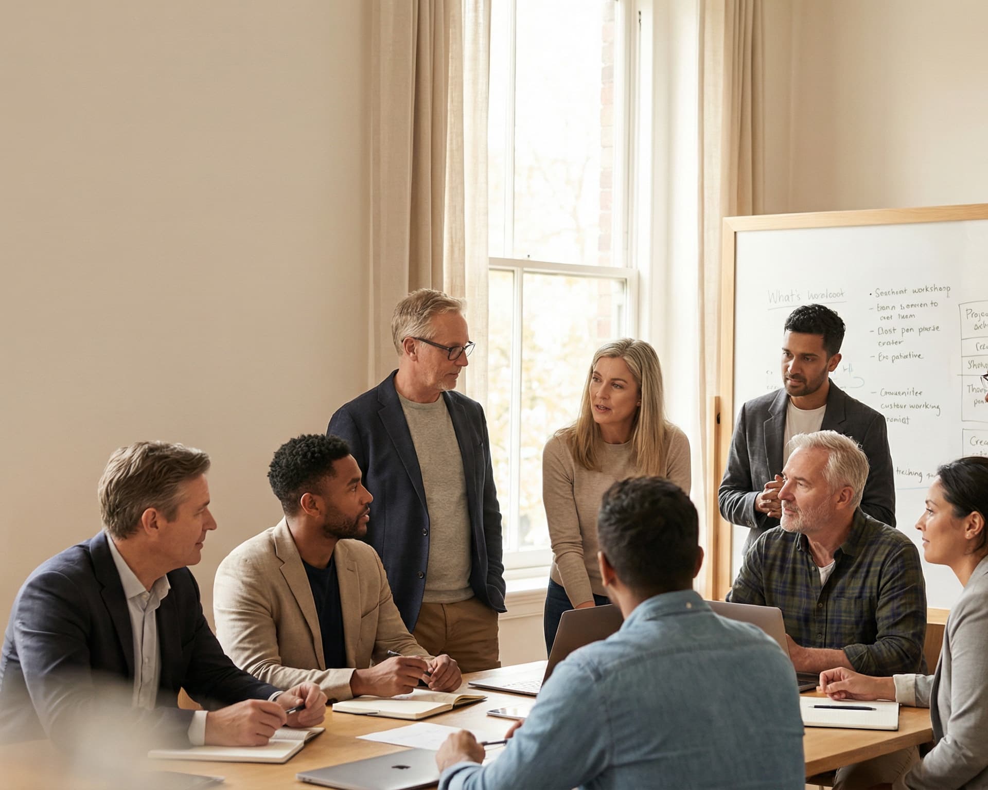 Eine Gruppe von Personen diskutiert in einem hell erleuchteten Meetingraum. Einige sitzen am Tisch, andere stehen. Im Hintergrund ist ein Whiteboard mit handschriftlichen Notizen zu sehen. Die Atmosphäre wirkt konzentriert und kollaborativ.