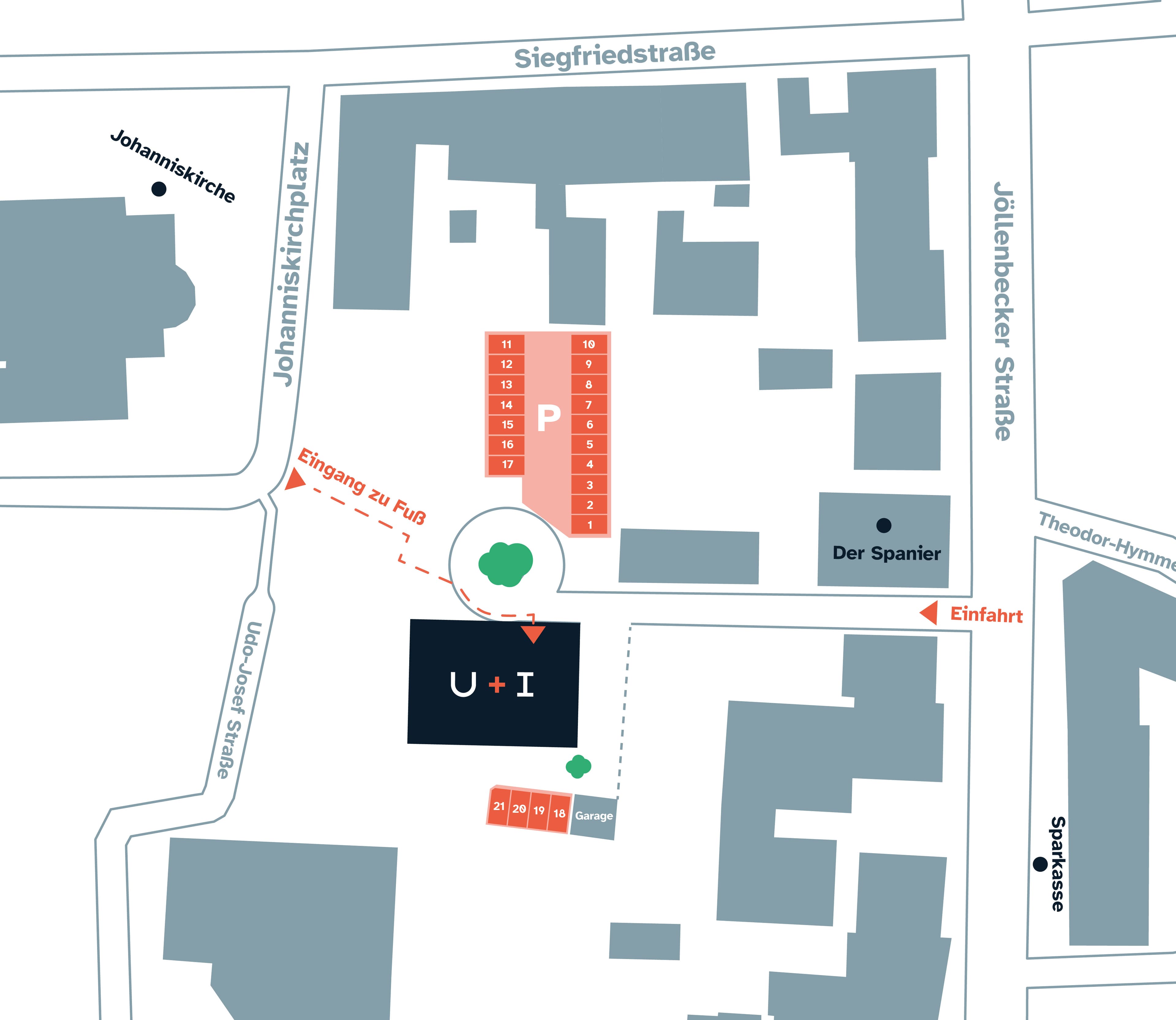 Karte mit den Gebäuden und der Parkplatzanordnung in der Nähe der Siegfriedstraße und der Jöllenbecker Straße, mit gekennzeichneten Fußgänger- und Fahrzeugeingängen.